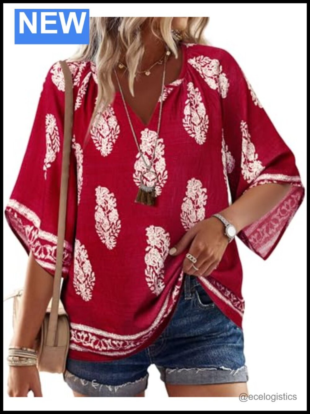 3/4 Bell Sleeve V Neck Bohemian Peasant Tunic Top
